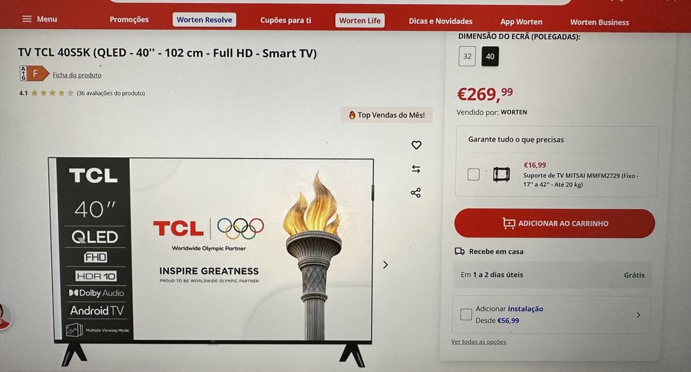 Televisão Android TV TCL 40S5K 40 polegadas como nova