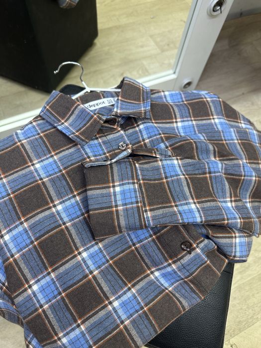 Трендова сорочка шоколад з синім в клітинку, картата сорочка коричнева