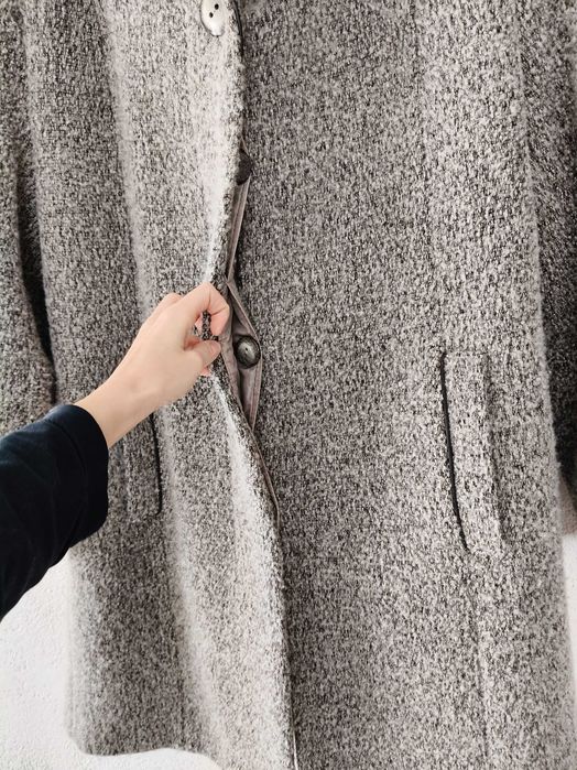 Wełniany damski płaszcz, klasyczny z kapturem, szary, M/L