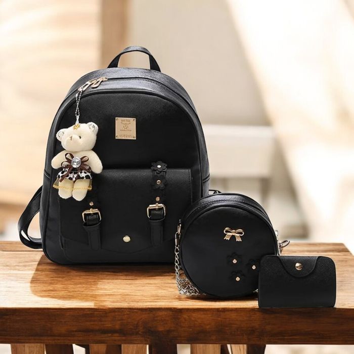 Жіночий рюкзак сумка візитниця 3 в 1  чорний комплект + брелок