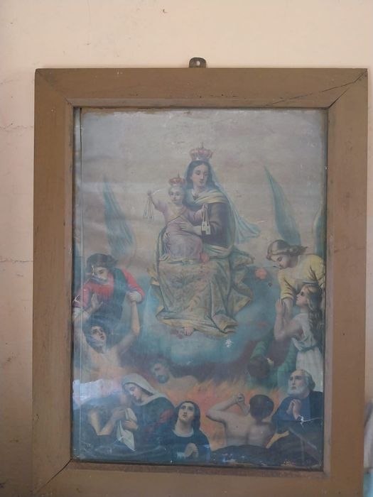 Dewocjonalia zniszczony duży obraz przedwojenny czyściec piekło Maryja