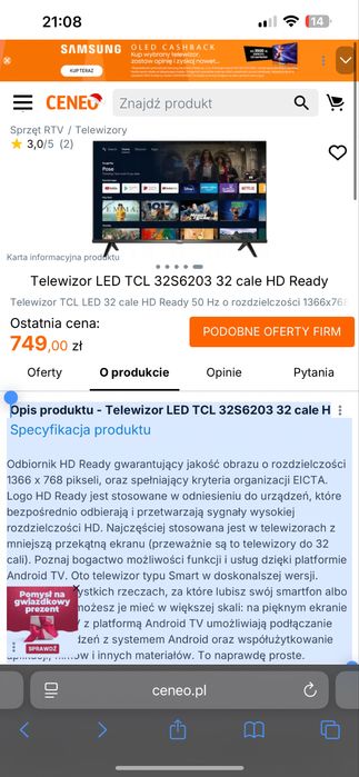 Telewizor tcl 32 cale Telewizor LED TCL 32S6203 32 cale HD Ready