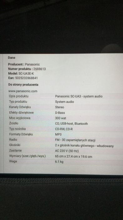 Boombox radio CD usb pilot wieża wzmacniacz Panasonic amplituner