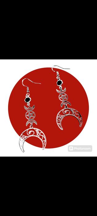 Kolczyki wiszące wicca stal nierdzewna pentagram księżyc srebrne