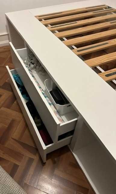 Cama 140x200 IKEA Branco, com arrumação, 2 gavetas, colchão MALVIK