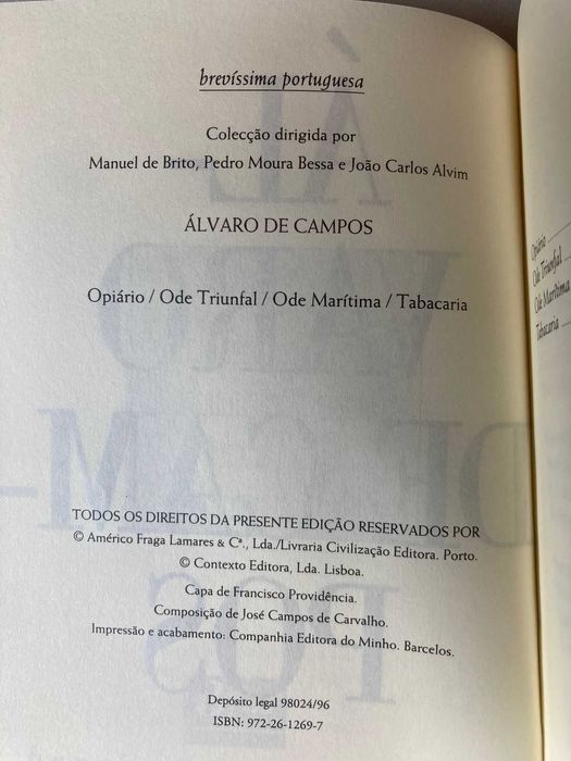 Opiário/Ode Triunfal/Ode Marítima/Tabacaria, de Álvaro de Campos
