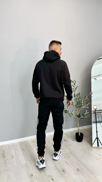 Чоловічий зимовий спортивний костюм Adidas чорний з капюшоном на блискавці Комплект Адідас на флісі (B)