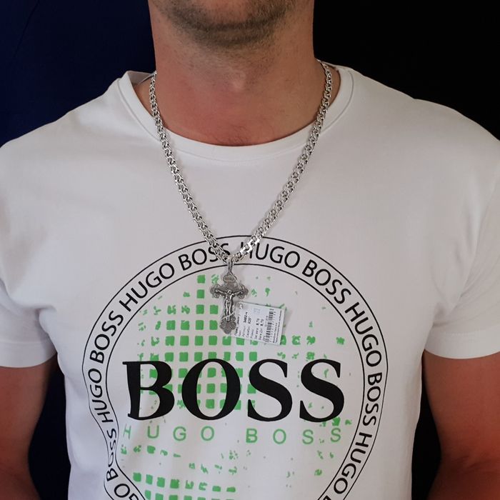 Чоловіча срібна цепочка з хрестиком ланцюжок Бісмарк широкий 925 проба