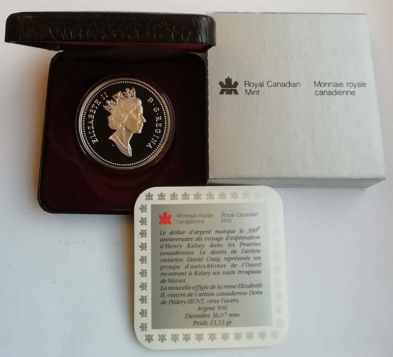 Канада 1 долар 1990р. СРІБЛО. ПРУФ. Подорож Генрі Келсі. Сертифікат.