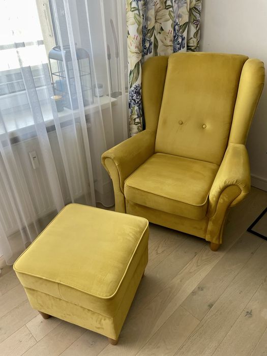Fotel uszak plus podnóżek - musztardowy welur