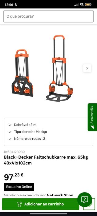 Carrinho Dobrável Black+Decker 65kg – Novo custa 97€