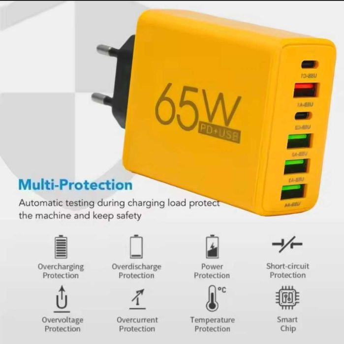 НОВЫЙ Адаптер Блок питания PD 65 Вт 6 портов Быстрая зарядка 3.0