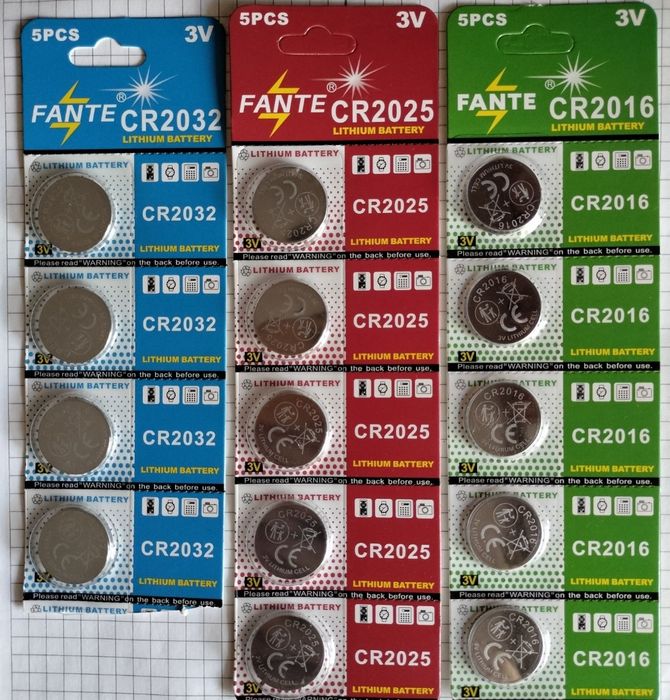 Батарейки дисковые 5шт, 3V CR2016, cr2025, cr2032. Fante