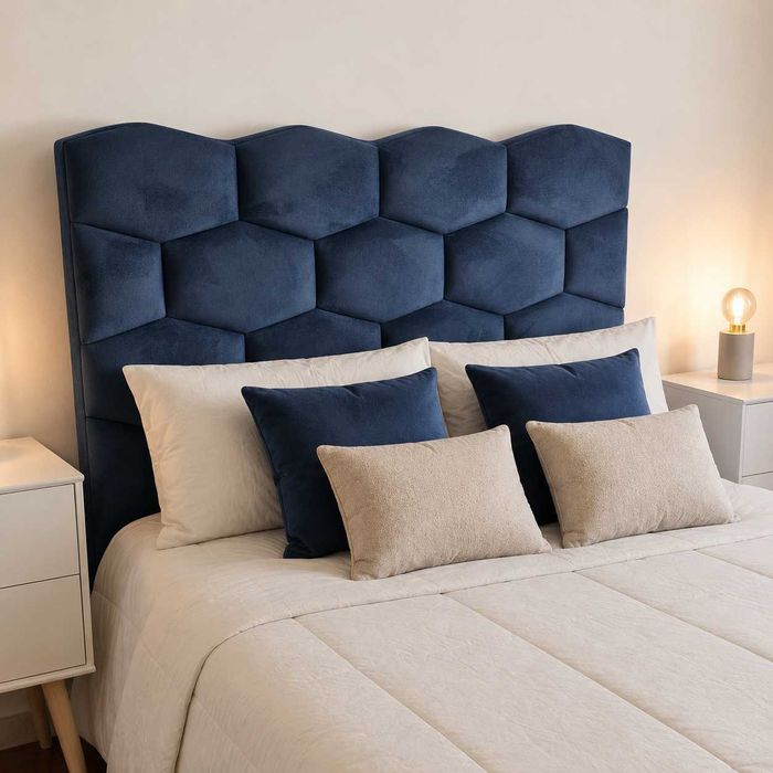 Cama Estofada Azul com Cabeceira Alta + Estrado | 140x190 Perfeito estado