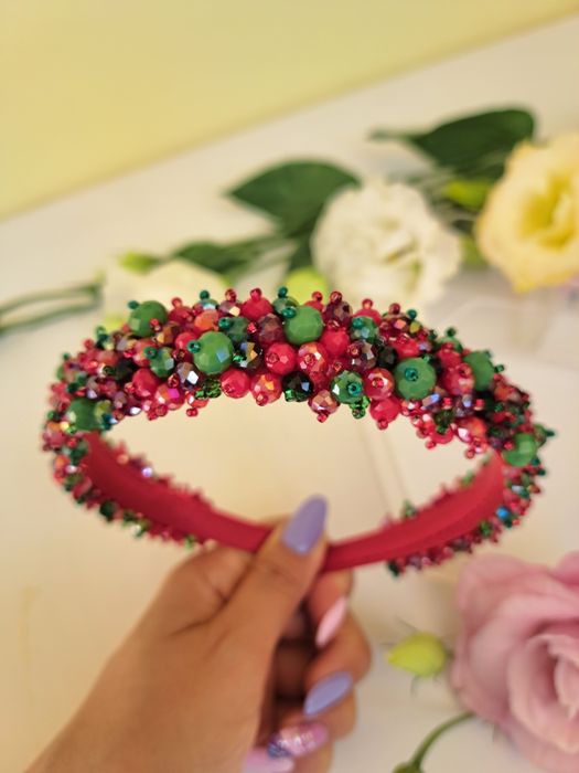 Обідок під вишиванку, сукню. Червоно-зелений обідок ручної роботи.