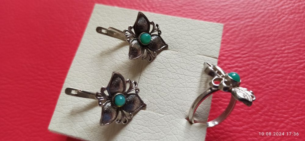 Серьги серебряные + кольцо+ сережки