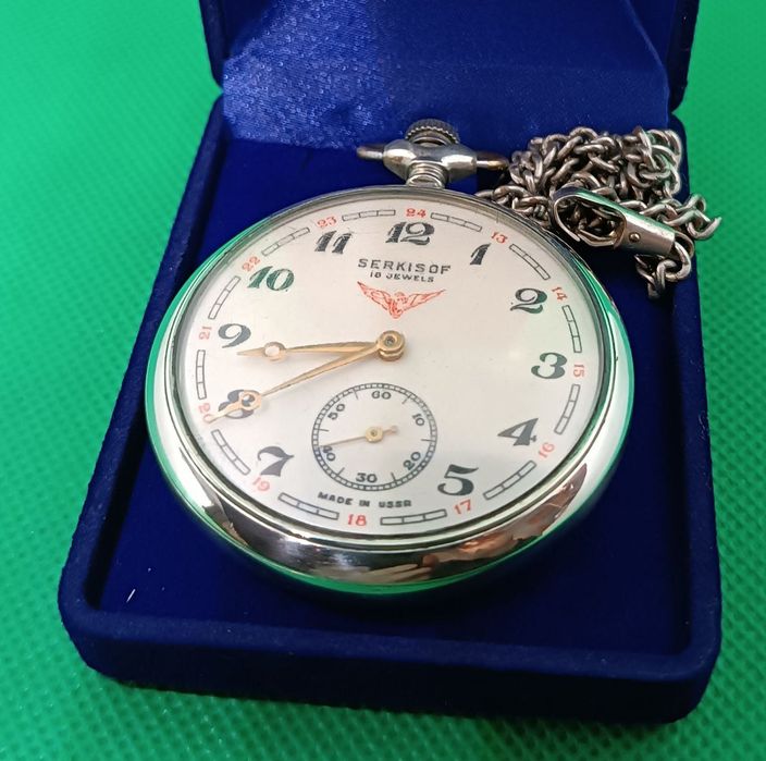 Часы  карманные Молния (Паровоз)в футляре с родной цепочкой Serkisof