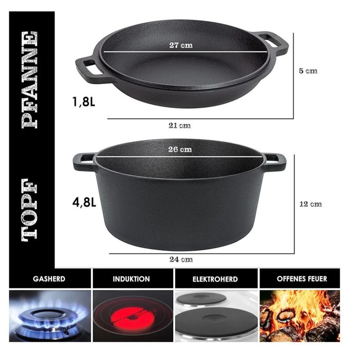 Żeliwny garnek 2 w 1, 4,8 l i patelnia 1,8 l,