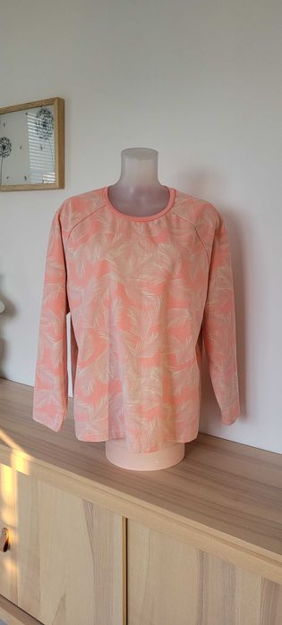 Pudrowo beżowa pastelowa bluza wzór liście Damart, rozmiar 14-16