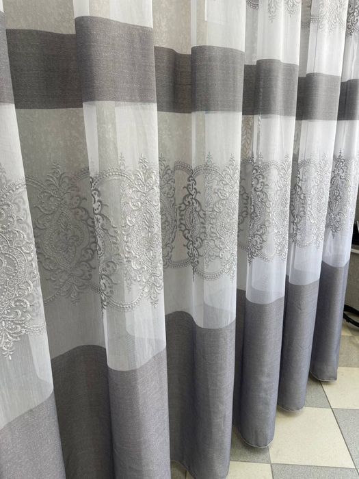 Тюль бамбук з вишивкою та атласною стрічкою