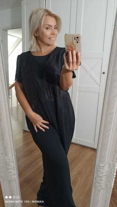 Czarny  długi kombinezon materiałowy szerokie nogawki MarksSpencer