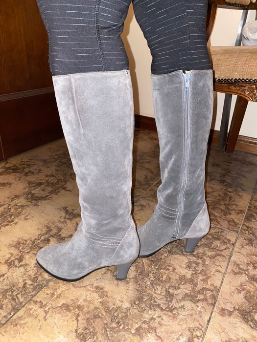 SKÓRA NATURALNA kozaki damskie zimowe kolor siwy szary