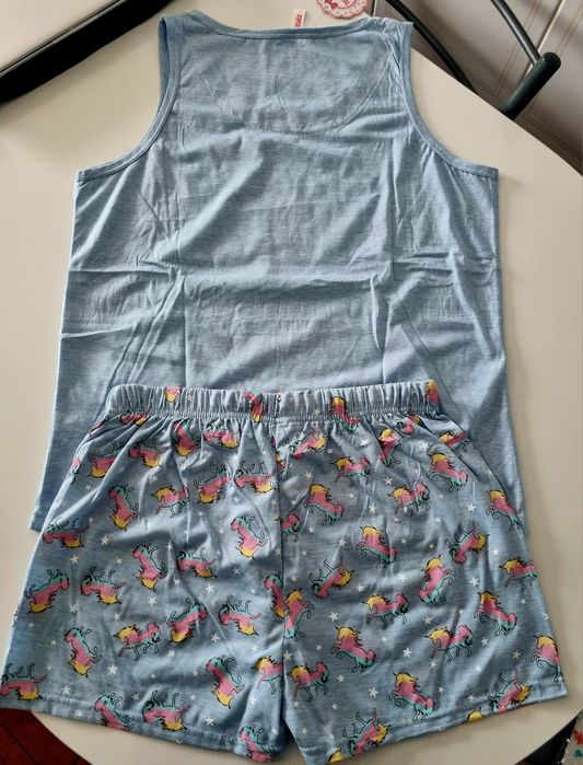 Pijama de verão, azul com unicórnios, 100% algodão. L