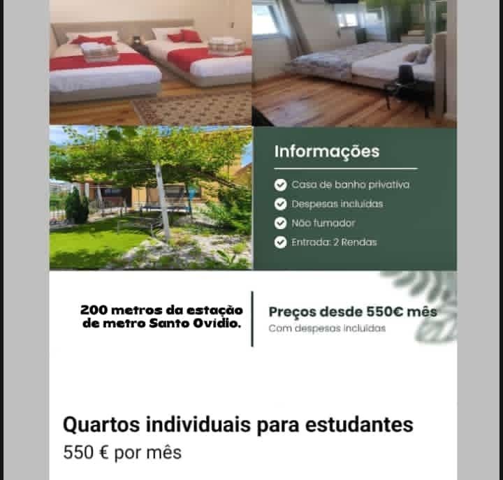 Quartos para Arrendamento mensal.Junto ao Metro S. Ovídio. Estudantes ou casais  com emprego estável.