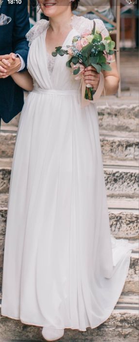 Suknia ślubna romantyczna rozmiar L - szyfon z francuską koronką