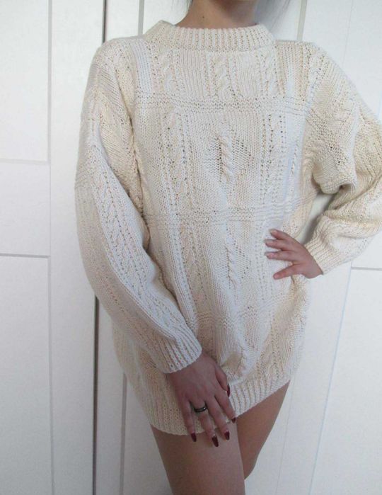 Handame ręcznie robiony sweter beżowy wełna? S M L XL uniwersalny