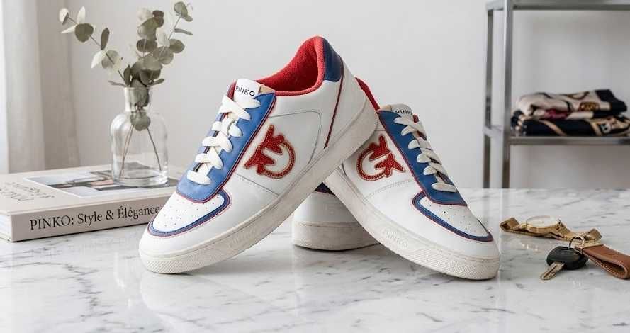 Skórzane sneakersy Pinko r. 40 – białe z logo z koralików