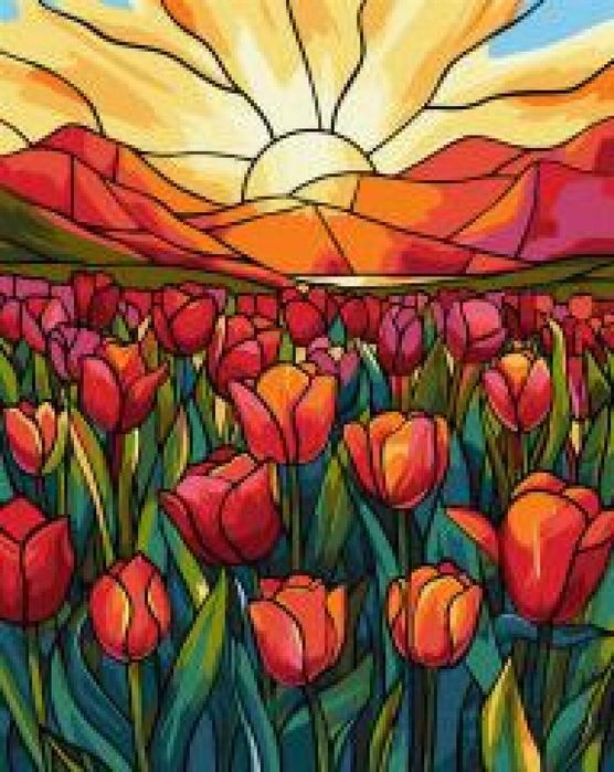 Malowanie po numerach - Witraż. Tulipany 40x50cm Ideyka pudełko,