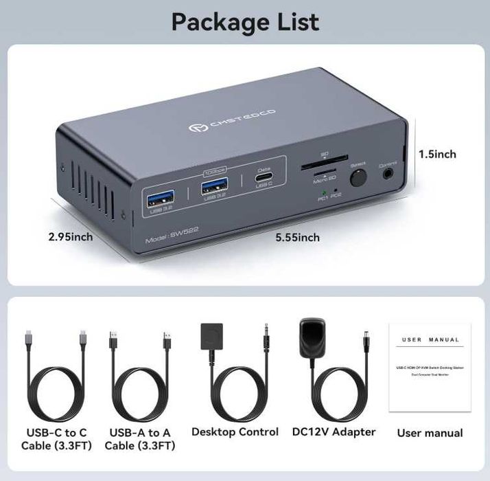 Плата перемикання KVM 2х2 SW522 USB-C 3.2 HDMI DP 4K/60Гц