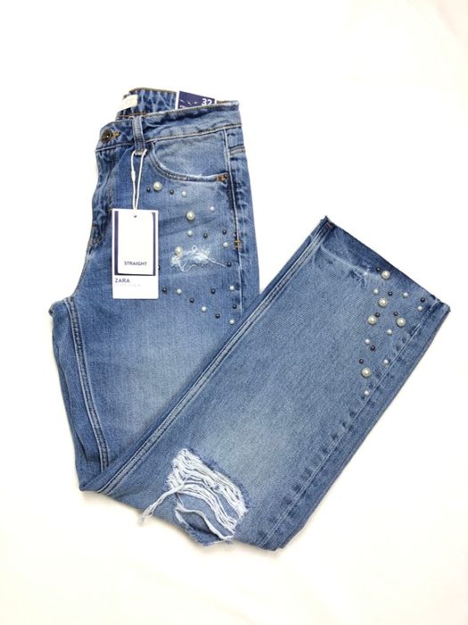 Джинсы с высокой посадкой с потертостями ZARA, новые! 32/XS