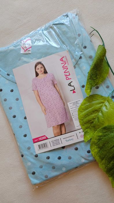 NOWA Koszula nocna 100% bawełna 3XL 46 48 La Penna błękitna w kropki grochy piżama rozpinana guziki niebieska plus size turecka