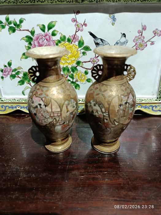 Jarras Vasos Satsuma Imperial Séc XIX 11,5 cm Assinados Hattori