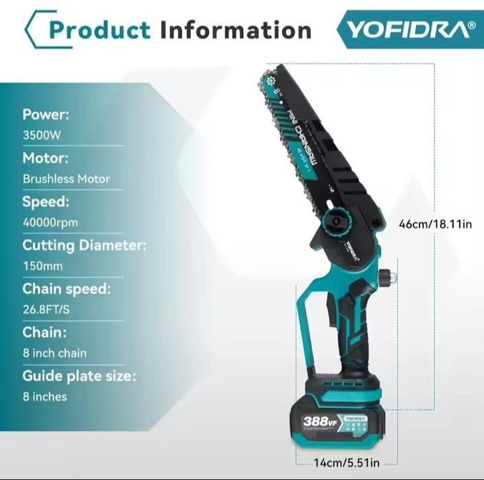 Serra 8'' c/Reserv. de Óleo e Motor Brushless 2x4Ah Baterias Incluídas