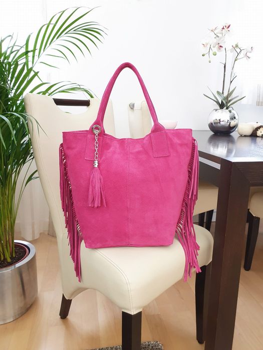 VERA PELLE torebka damska zamszowa shopper z frędzlami V460 brązowa