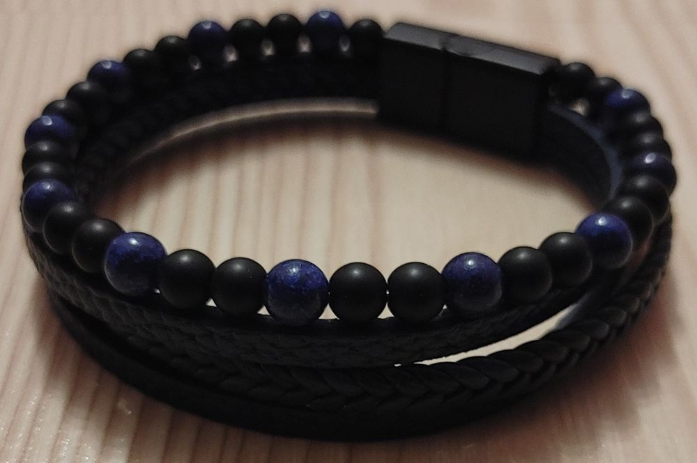 Męska bransoleta, plecionka z czarno-niebieskiej skóry oraz koralików