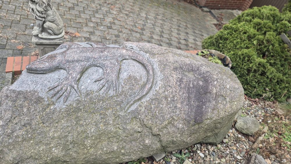 Ozdoby głaz ogrodowy duzy kamień z wyrzeźbioną jaszczurka ozdobą