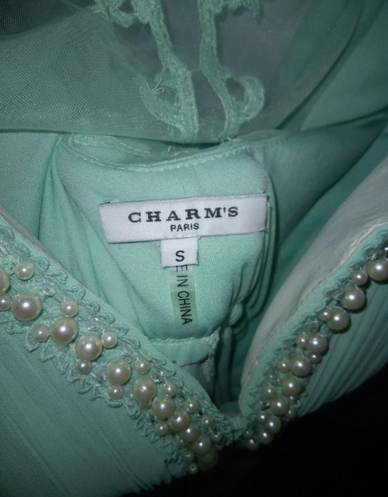 Vestido de cerimónia comprido, verde menta, pérolas e missangas, S Cha