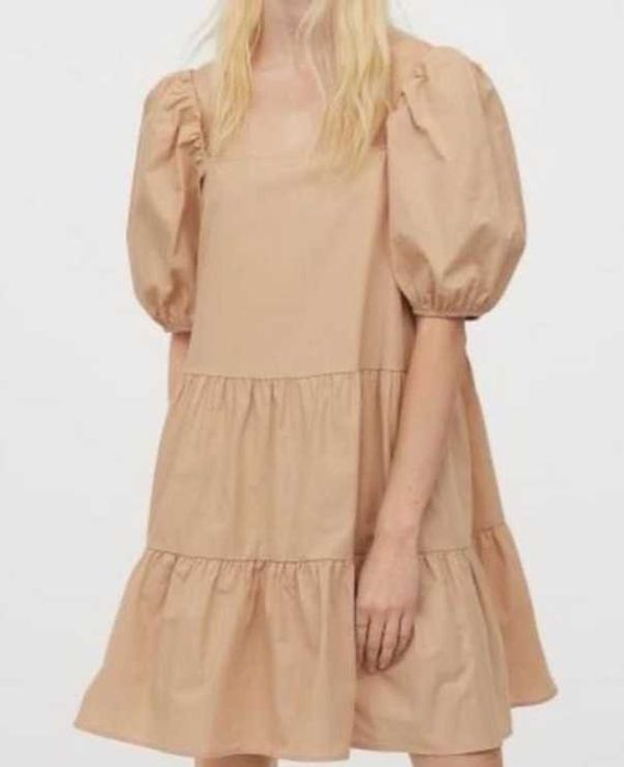 Sukienka beza bufki bufiaste rękawy kwadratowy dekolt bawełniana