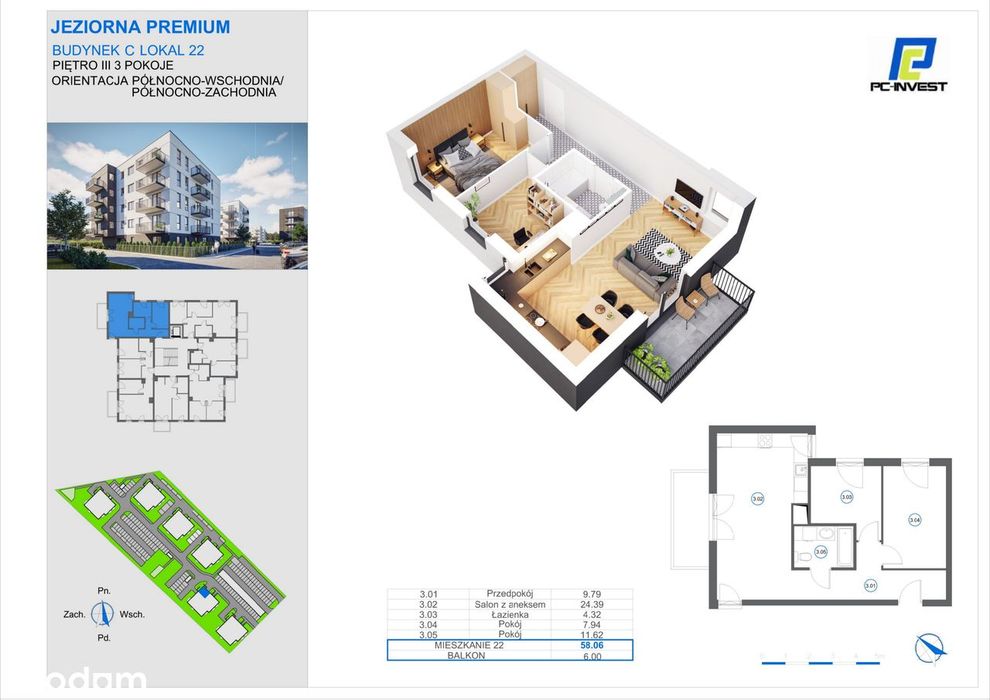 3-pokojowe mieszkanie 58m2 + balkon Bezpośrednio