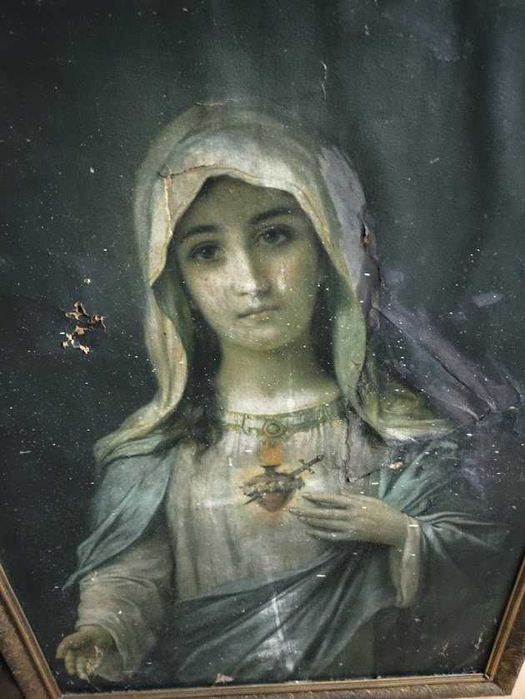Gravura religiosa antiga emoldurada do Imaculado Coração de Maria
