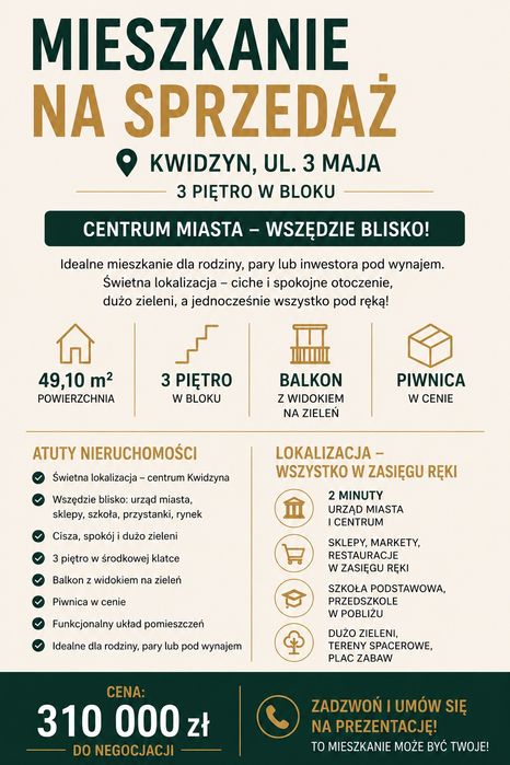 Mieszkanie 49,1 m² | Centrum Kwidzyna | Balkon | 3 piętro | Piwnica