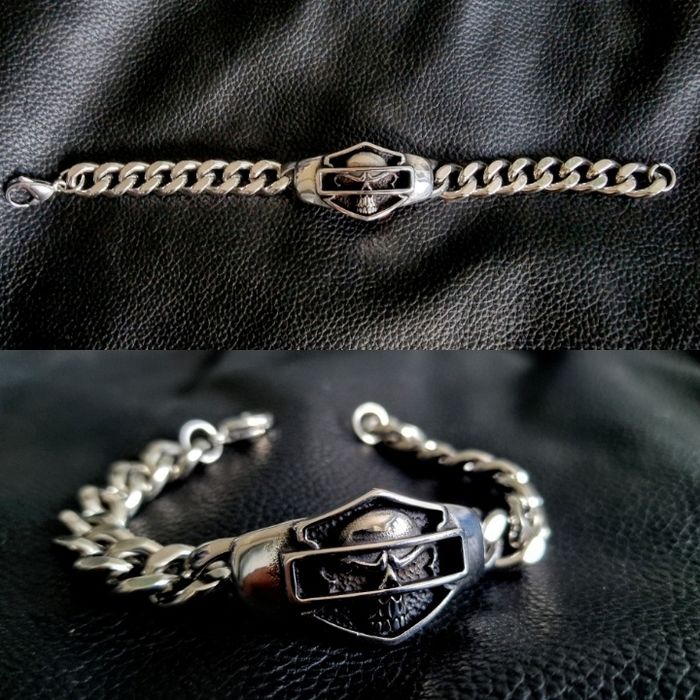 Stalowa masywna efektowna bransoletka czaszka Harley chopper motocyklo
