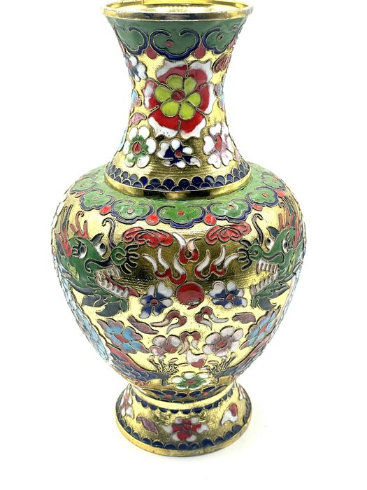 Pote jarro cloisonné chines oriental antigo folheado a ouro