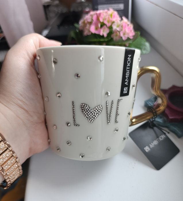 Piękny Kubek Ambition Love. Porcelana. Inkrustowany.Hand Made