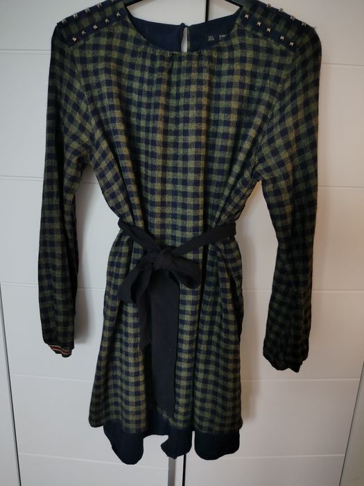 kombinezon Zara L zielono czarny w pepitkę krótki z długim rękawem