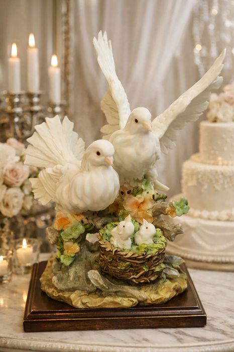 Фарфор Италия • Голубиная пара с птенцами • 30 см • Символ любви